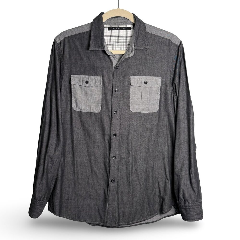 Sean John Shirt Mens 2XL Gray Button Up Flip Cuff‎ Contrast Flap Chest Pockets